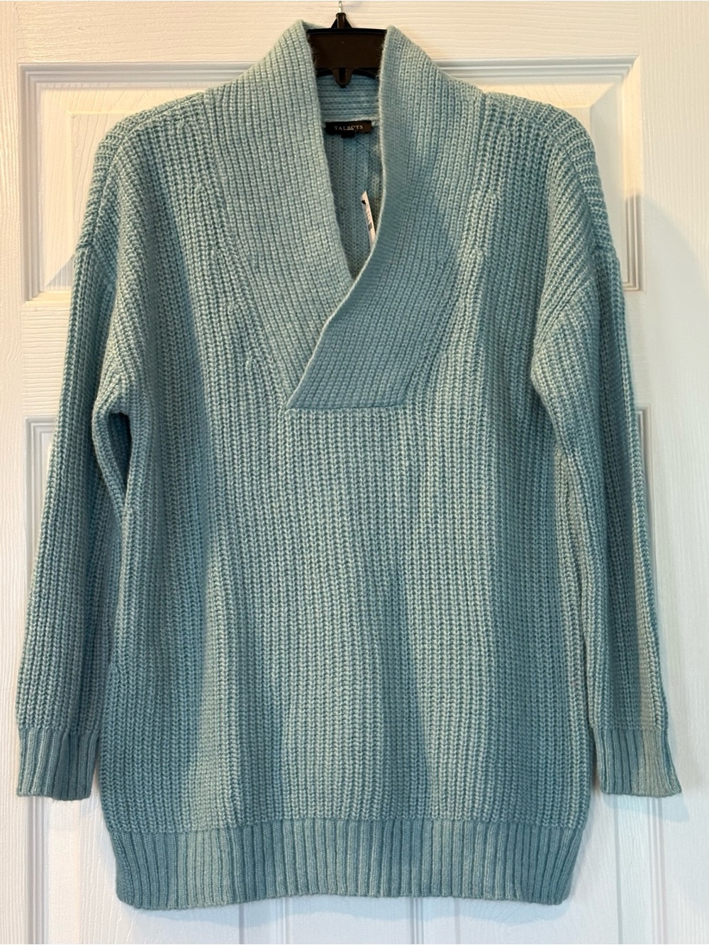 Talbots Light Teal Ribbed Shawl-Collar Sweater